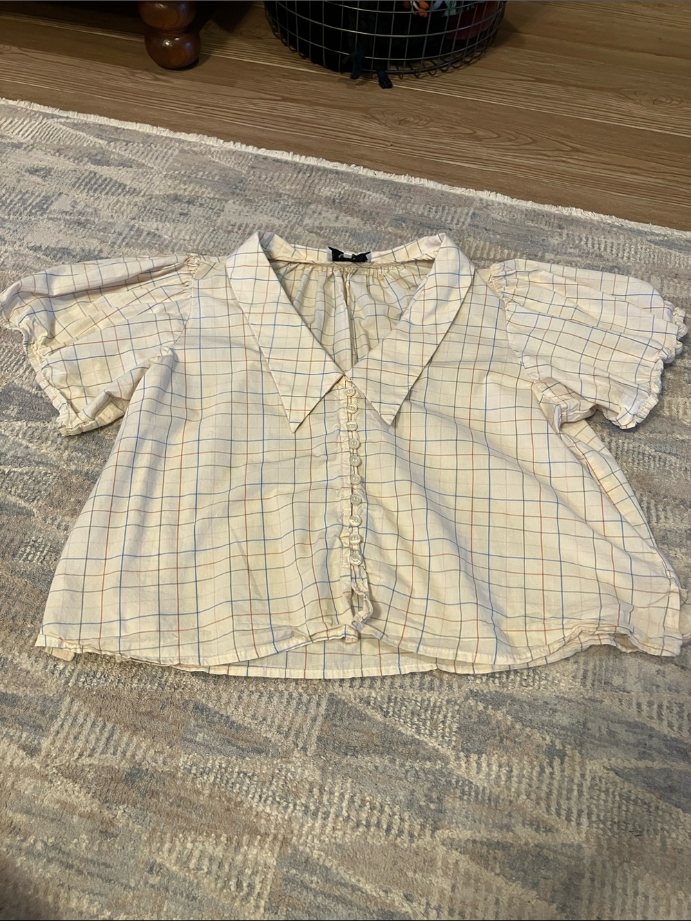 Plaid Short Sleeve Blouse in Cream with statement collar and puff sleeves